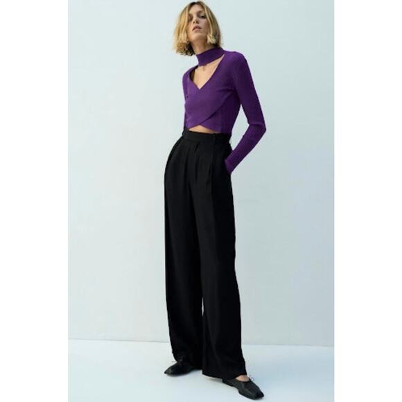 Zara Choker Cropped Rib Knit Cut Out Wrap Sweater Purple Small Top Long Sleeve - Picture 4 of 10